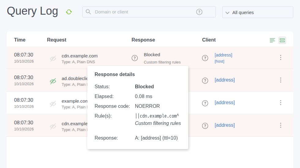 Blocked cdn.example.com query details show the matching custom rule ||cdn.example.com^