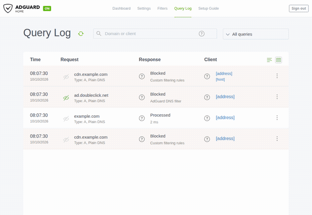 AdGuard Home: add @@||cdn.example.com^, save it, then see a fresh lookup change from blocked to allowed