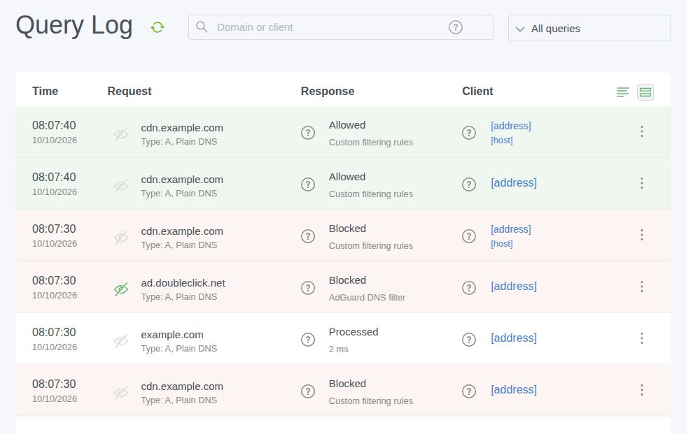 AdGuard Home Query Log: a fresh cdn.example.com lookup is allowed by the exception
