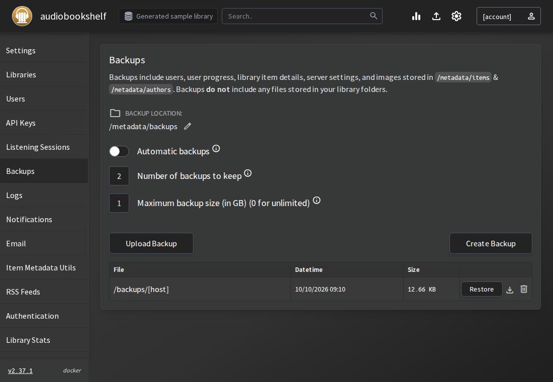 Audiobookshelf demo backups page with a freshly created backup
