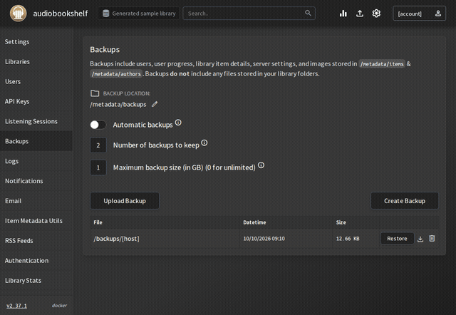 Audiobookshelf demo backups page with a freshly created backup; Audiobookshelf settings in a throwaway install with a generated sample library