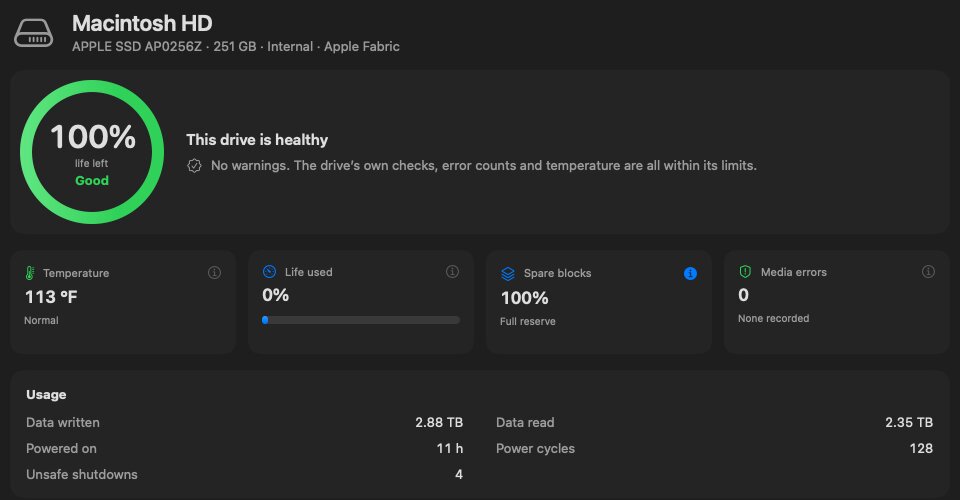 oDisk's Health page: Good verdict with a 100% life-left ring, temperature, life used, spare blocks and media errors