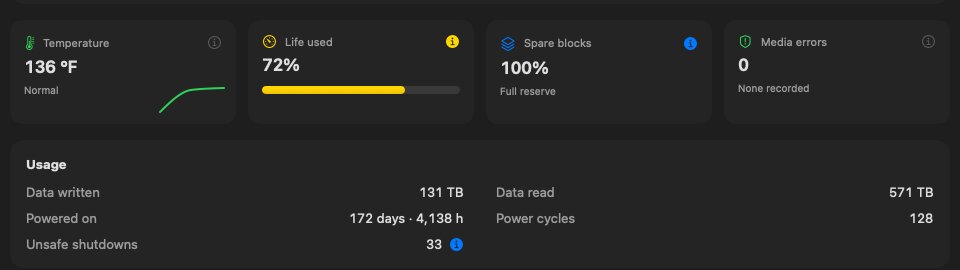 Example with simulated values for a heavily used drive: 72% life used shows in yellow, and the info buttons explain what each number means