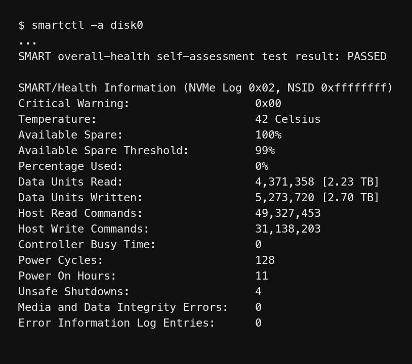 smartctl output for an Apple SSD: overall result PASSED, available spare 100% with a 99% threshold, 0% used and 0 media errors