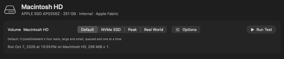 Step 1: oDisk's Speed Test page for a Mac's internal SSD, with the Default test set (CrystalDiskMark's four tests) selected and Run Test on the right