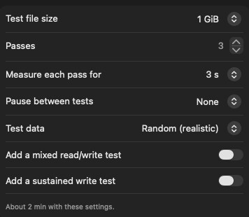 Step 3: the Options popover with a 1 GiB test file, 3 passes and 3 seconds per pass
